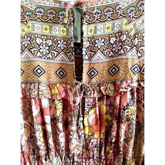 Gypsy Boho Mini Dress Champagne and Pink Cotton Tiered Balloon Sleeves - M/L - Picture 3 of 10